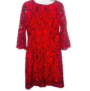 Sharagano Red & Black Lace Dress Sz 6 Floral Pattern Bell Sleeves Lined Interior